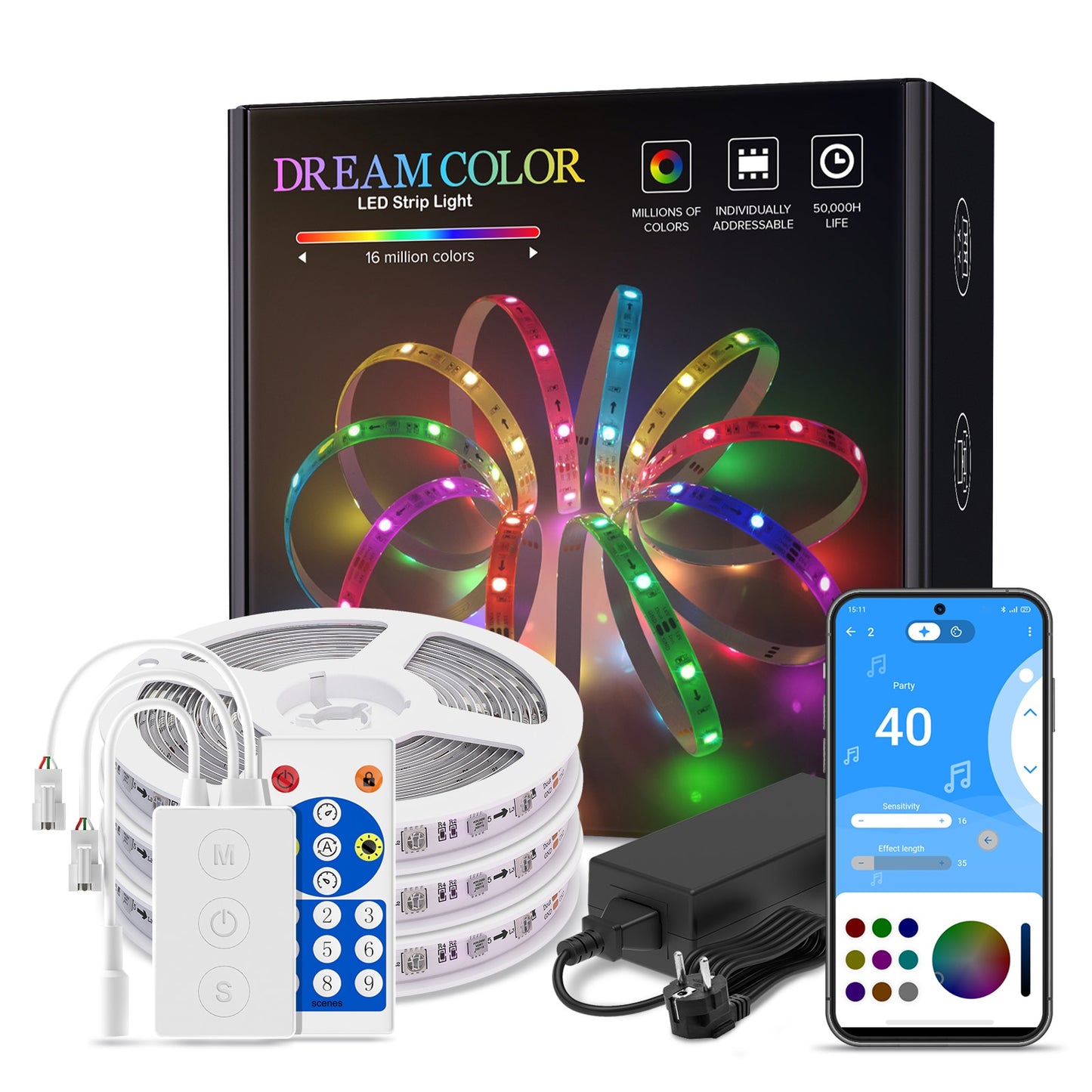 Dreamcolor LED Light Strip Bluetooth Music APP Control WS2811 WS2812B RGBIC Flexible Led Strip Room Bedroom Party Kitchen 5m-20m