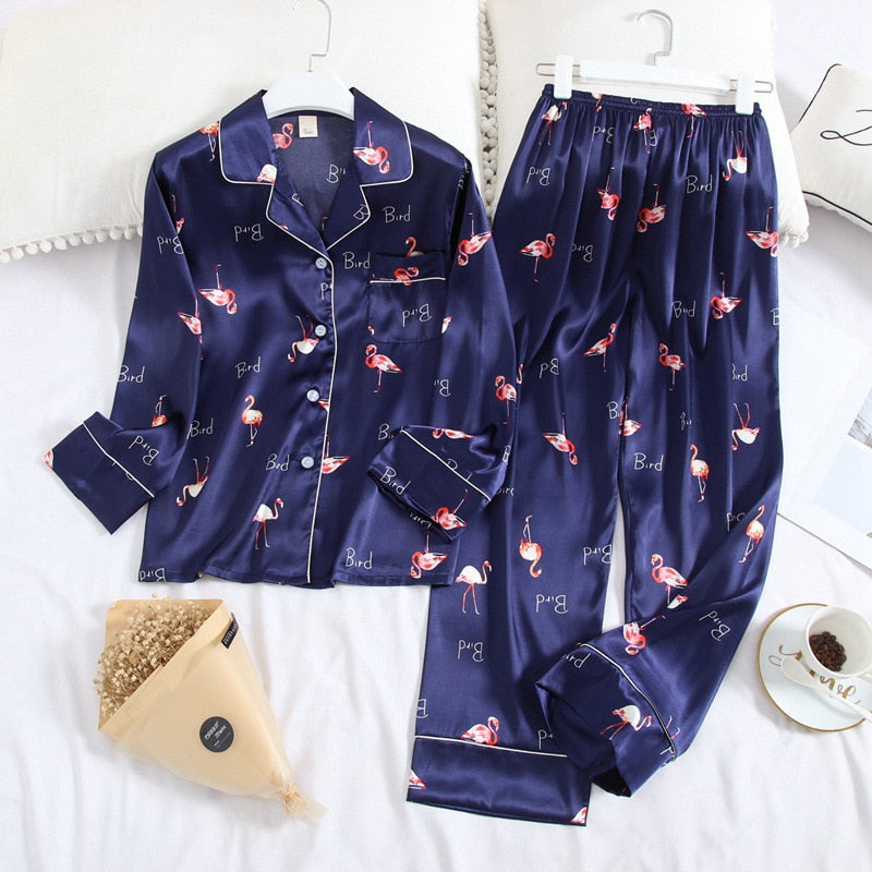 Long Sleeve Pajamas Autumn Ice Silk Long Sleeve Trousers Suit Printing Fashion Pyjamas Set