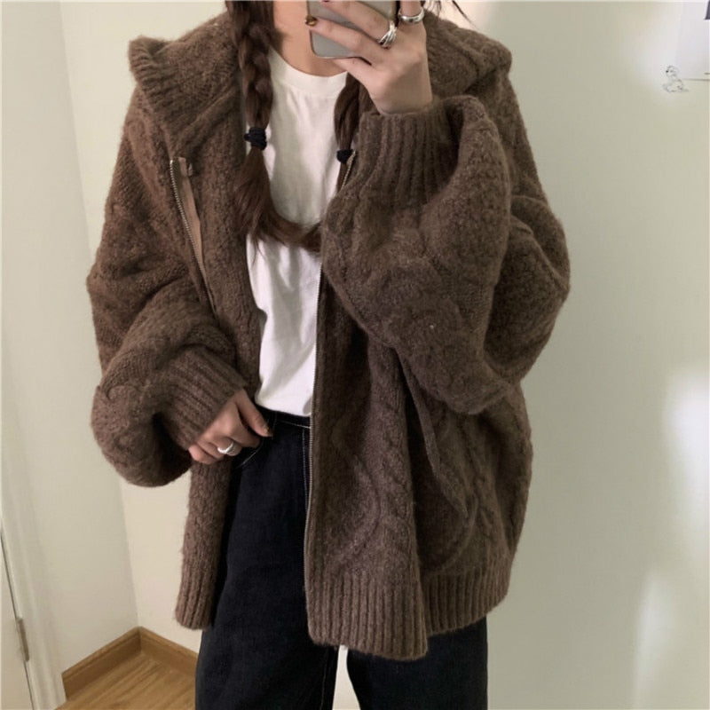 Women Autumn Winter Oversize Knitted Cardigan Casual Hooded Twist Sweater Zipper Long Sleeve Crochet Outerwear