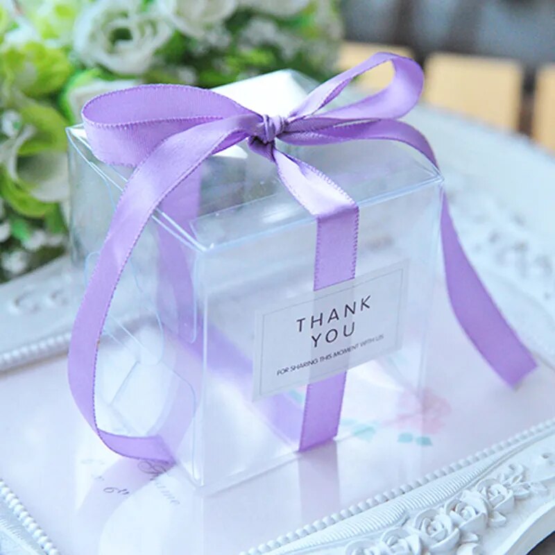 5x5x5cm PVC Clear Candy Boxes Wedding Decorations Party Supplies Gift Box Baby Shown Favors Candy Box with Ribbon