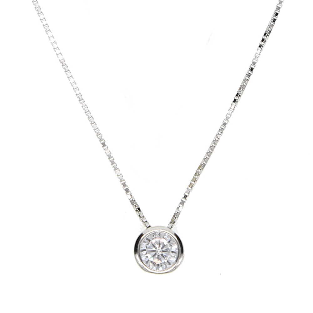 Single Stone Solitaire Cz Cubic Zirconia Delicate Dainty Box Chain 925 Sterling Silver Bezel 5mm Cz Single Stone Necklace