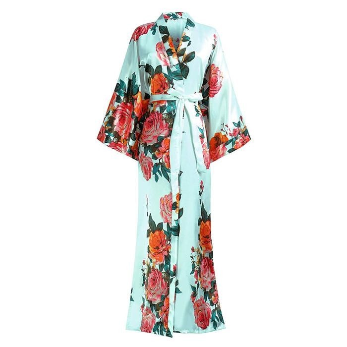 Women Exquisite Print Flower Kimono Gown Wedding Robe Elegant Ankle-length Sleepwear Homewear Casual Soft Bath Gown Plus Size