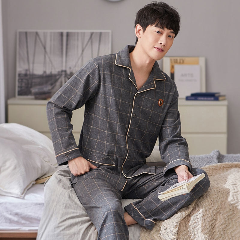 Winter 100% Cotton Pajamas Men Lounge Sleepwear Blue Plaid Pijama Man's Warm Bedgown Home Clothes PJ Pure Pijama Hombre Invierno