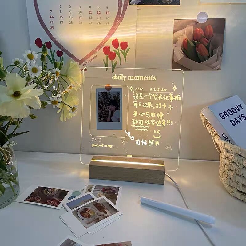 MINKYS New Arrival USB Acrylic Daily Moments Photo Memo Message Board With Wood Stand Holder Set Lamp Creative School Stationery