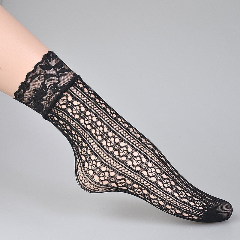 KASURE New Fashion Lace Plaid Mesh Ankle Socks Leopard Flower Pattern Fishnet Socks For Women Ladies