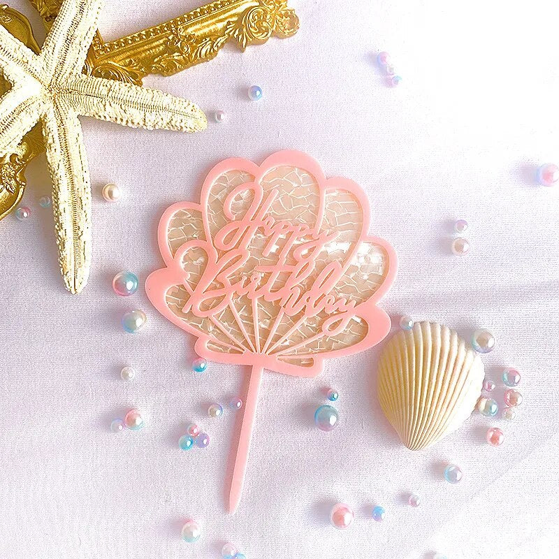 Ins Ocean Shell Happy Birthday Acrylic Cake Topper Gold Cute Cake Topper for Girls Birthday Party Cake Decorations Baby Shower