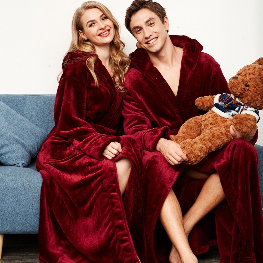 Loose HOOD Sleepwear Winter Ultral Long Large Flannel Men Robe Gown Casual Bathrobe MEN&WOMEN Thick Warm For 130KG Home Clothes