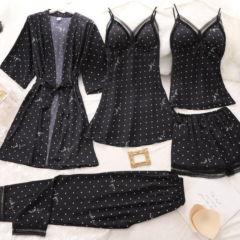 Women Robe Suit Pajamas Nighty&Satin Kimono Bathrobe Gown Nightdress Silky Lace Sleep Set Nightwear Sexy Nightgown