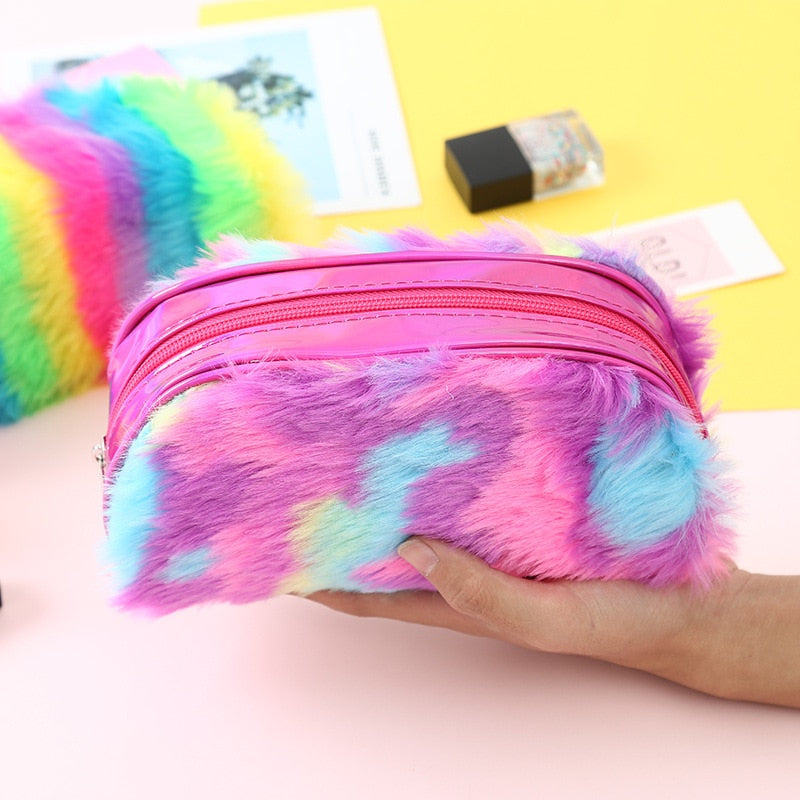 Plush School Pencil Case Colorful Rainbow Pen Box for Girl Pencilcase Large Cartridge Cosmetic Makeup Penal Bag Stationery Pouch