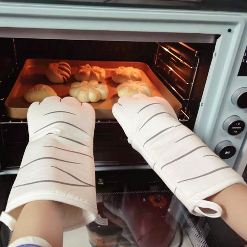 Cartoon 3D Cat Paws Oven Mitts Heat Resistant Non-slip Kitchen Baking Gloves Long Cotton Kitchen Microwave Insulation Gloves