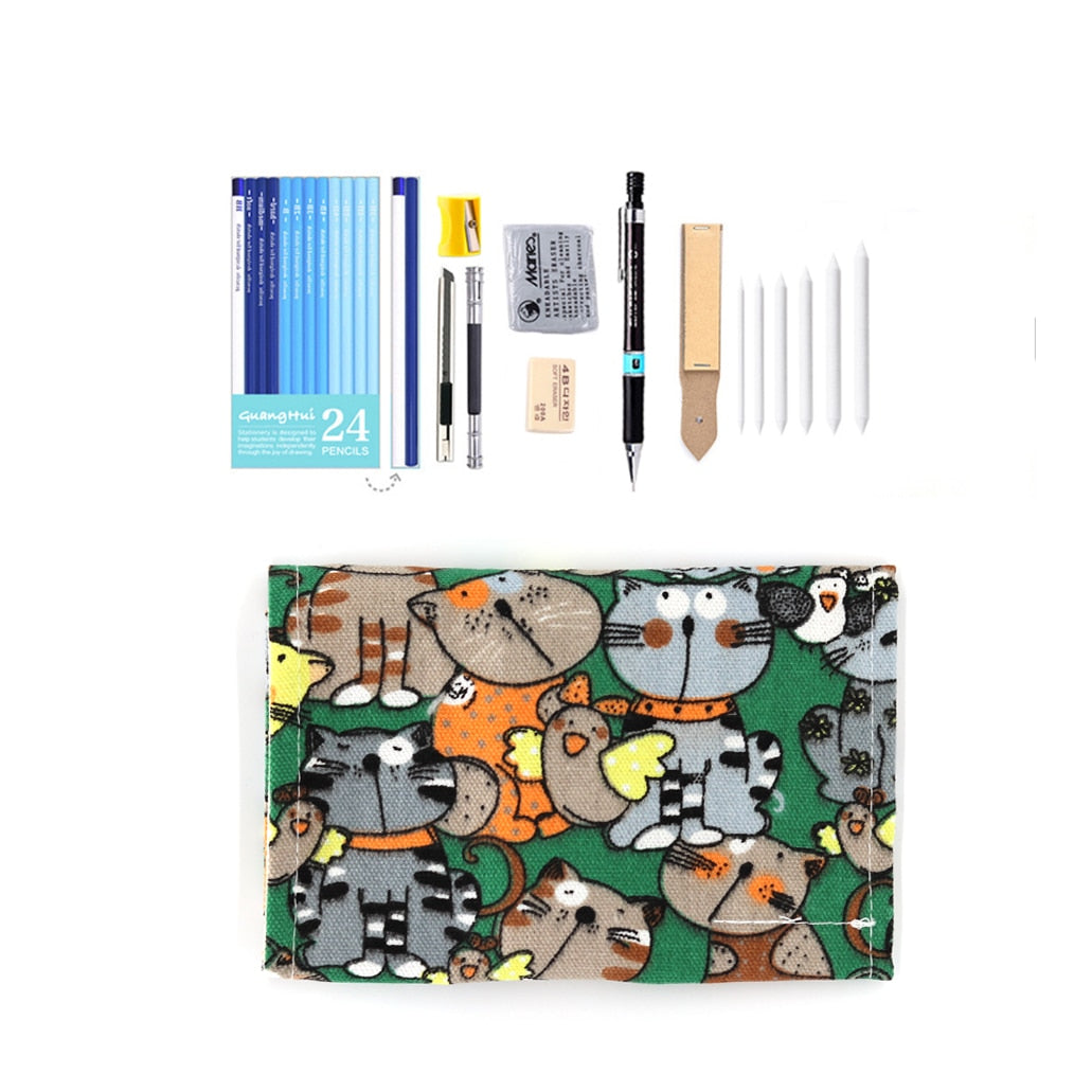 Brutfuner 28/38pcs Sketch Pencil Set Professional Drawing Kit Roll Up Charcoals Pencil Bags Artist Beginner Student Art Supplies