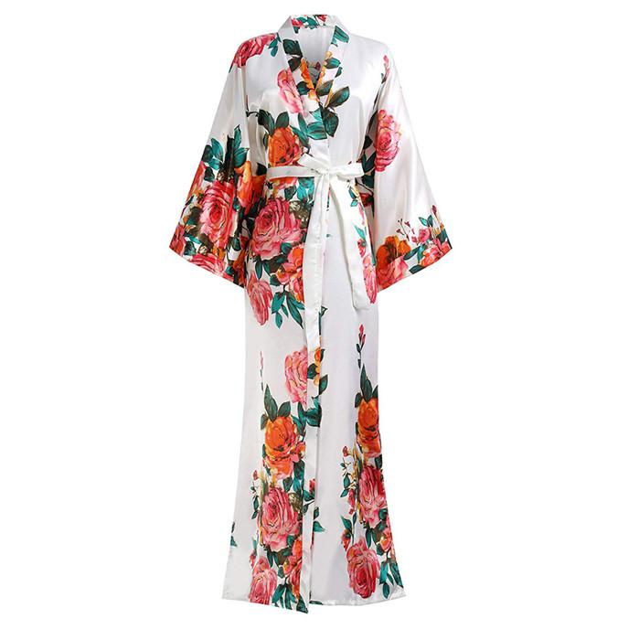 Women Exquisite Print Flower Kimono Gown Wedding Robe Elegant Ankle-length Sleepwear Homewear Casual Soft Bath Gown Plus Size