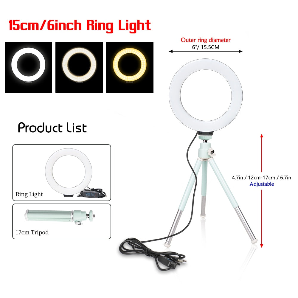 Ring Light With Tripod Stand Usb Charge Selfie Led Lamp Dimmable Photography Light For Photo Photography Studio (16cm/6 inch)