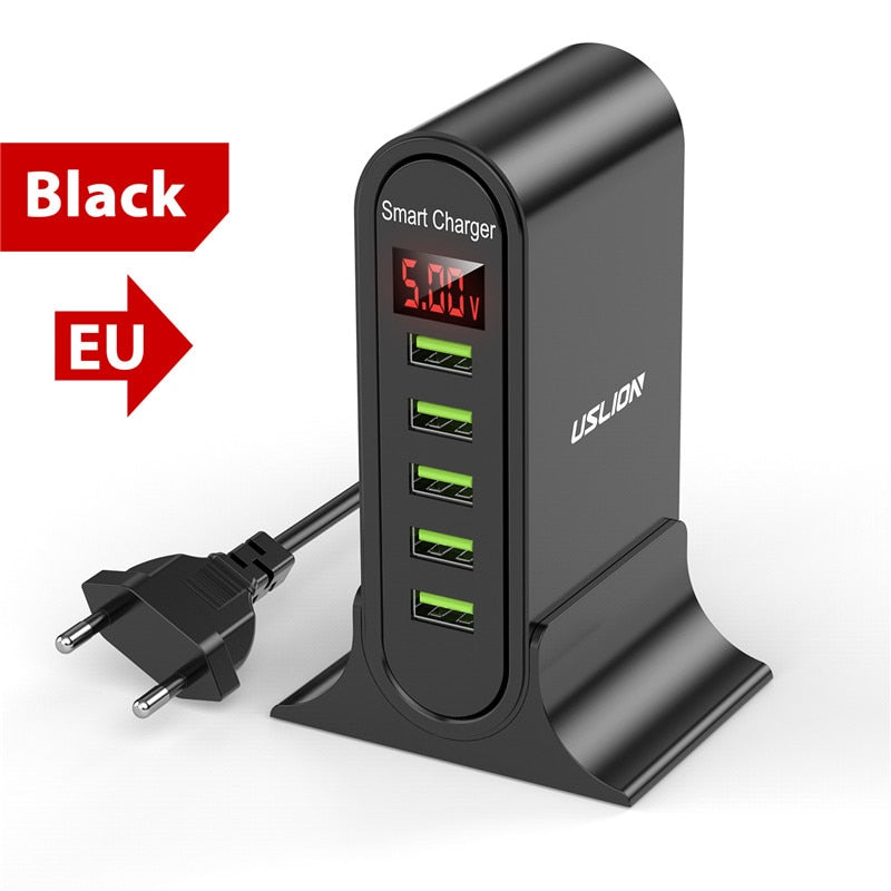 USLION 5 Port USB Charger For Xiaomi LED Display Multi USB Charging Station Universal Phone Desktop Wall Home EU US UK Plug