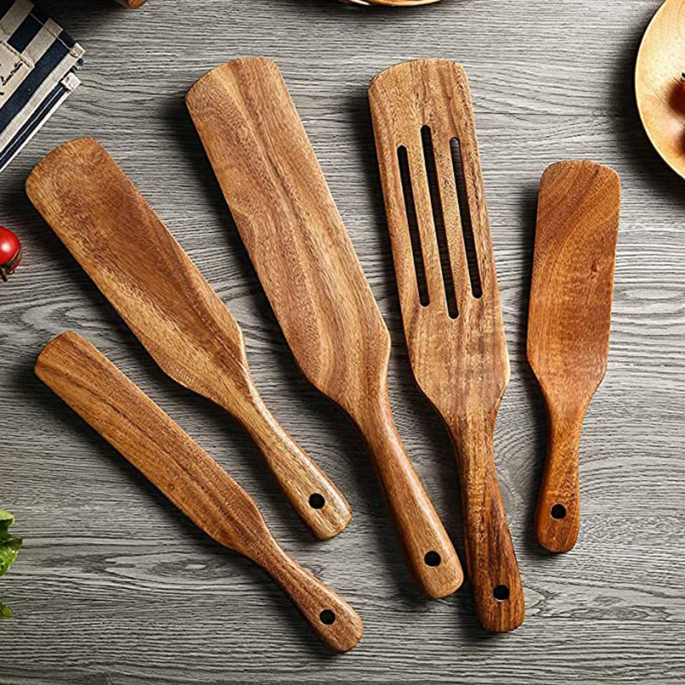 Wooden Kitchen Utensil Set, Acacia Spurtle Kitchen Sets Non-Stick Wooden Cooking Utensils Spatula Slotted Spurtle Spatula Sets