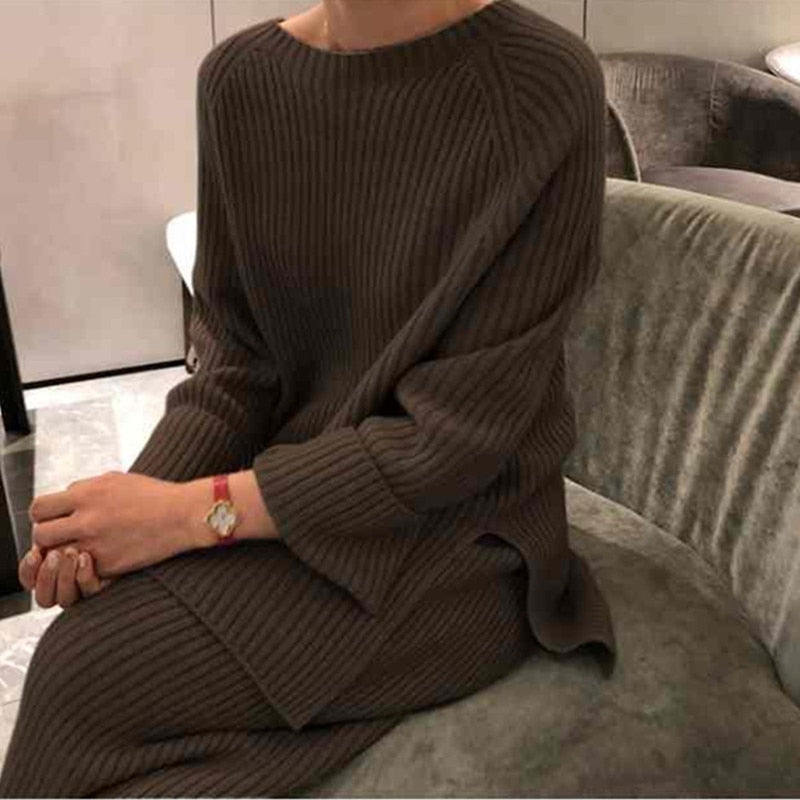 Winter Women's Thicken Warm Knitted Pullover Sweater Two-Piece Suits +High Waist Loose Wide Leg Pants Set