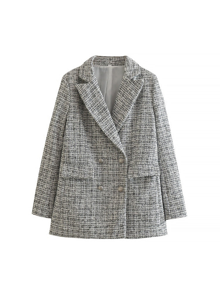 Casual Women Tweed Blazer Vintage Office Lady Jacket Coat Double Breasted Spring Autumn Outerwear Female Chic Tops