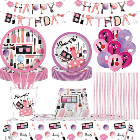 Spa Makeup Theme Party Supplies Disposable Tableware Plates Cups Straws Balloons for Birthday Girls Party Spa Party Decorations