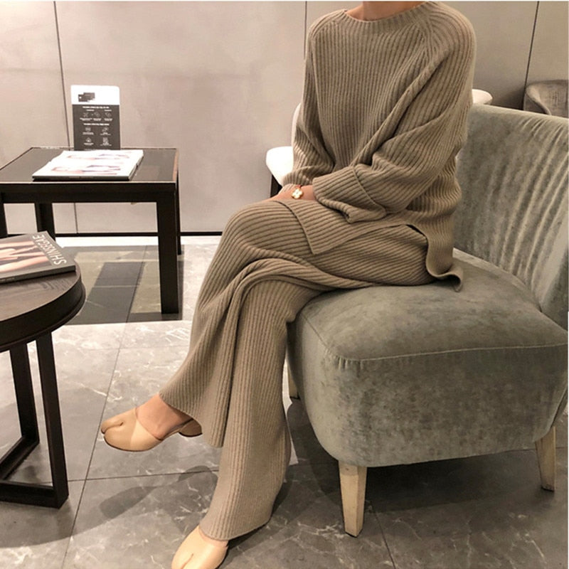 Winter Women's Thicken Warm Knitted Pullover Sweater Two-Piece Suits +High Waist Loose Wide Leg Pants Set