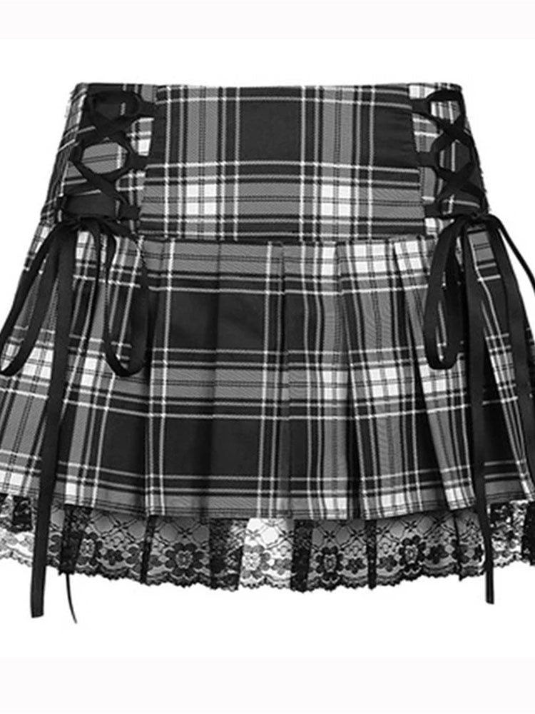 Skirts Women Lace Up Goth Skirt Plaid Lace Up Mini Skirt Female Punk Style Ladies Skirt Summer Streetwear Black Sexy