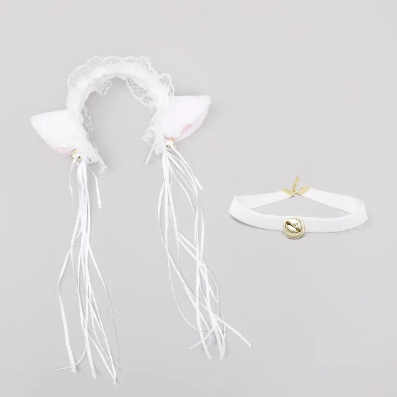 Women Lolita Girl Cat Fox Ear Headband Bow Neckwear Bell Tail Maid Housemaid Party  Anime Cosplay Costume Halloween Christmas