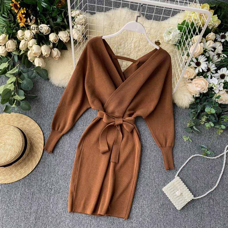 Autumn Winter Women Knitted Sweater Dress Long Batwing Sleeve V Neck Elegant Dress Ladies Bandage Dress