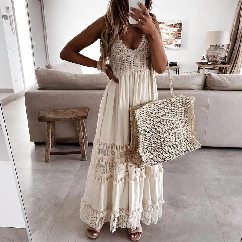 Off Shoulder Lace Patchwork Elegant Dress Women Summer  Neck Spaghetti Strap Dress Female New Fashion Solid Party Dresses