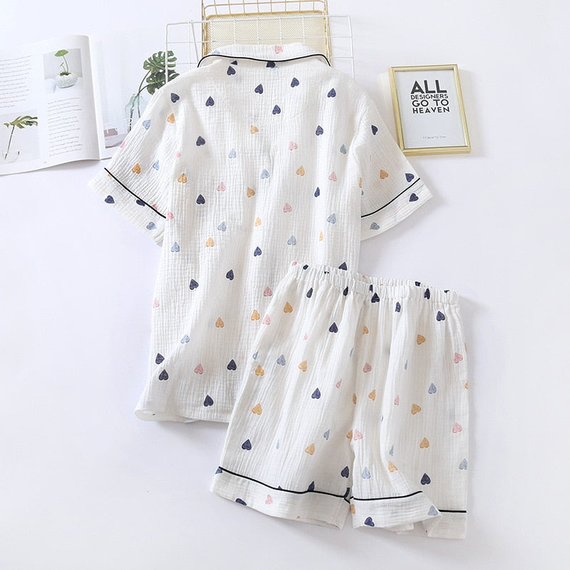 Ladies cotton gauze short sleeve shorts pajamas suit cute heart-shaped thin section home service suit woman