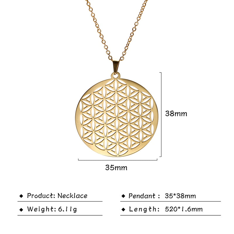 Gold Plated Flower of Life Pendant Necklace for Women Mandala Chakra Stainless Steel Charms Jewelry Sacred Geometry Amulet Gift