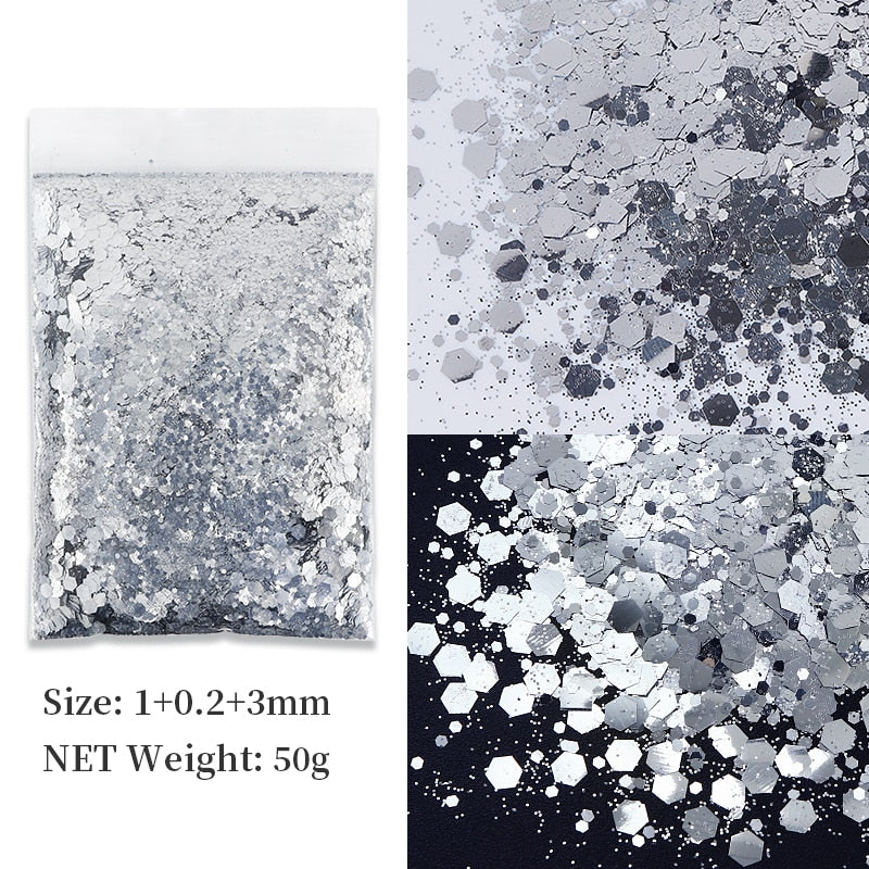 50G Holographic Mixed Hexagon Shape Chunky Nail Glitter Silver Sequins Laser Sparkly Flakes Slices Manicure Nails Art Decoration