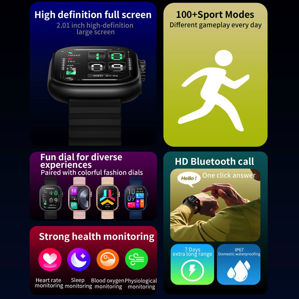 New 2.01" Blue Tooth Call Smart Watch Sports Fitness Flashlight Heart Rate Bracelet Waterproof Temperature Women Smartwatch