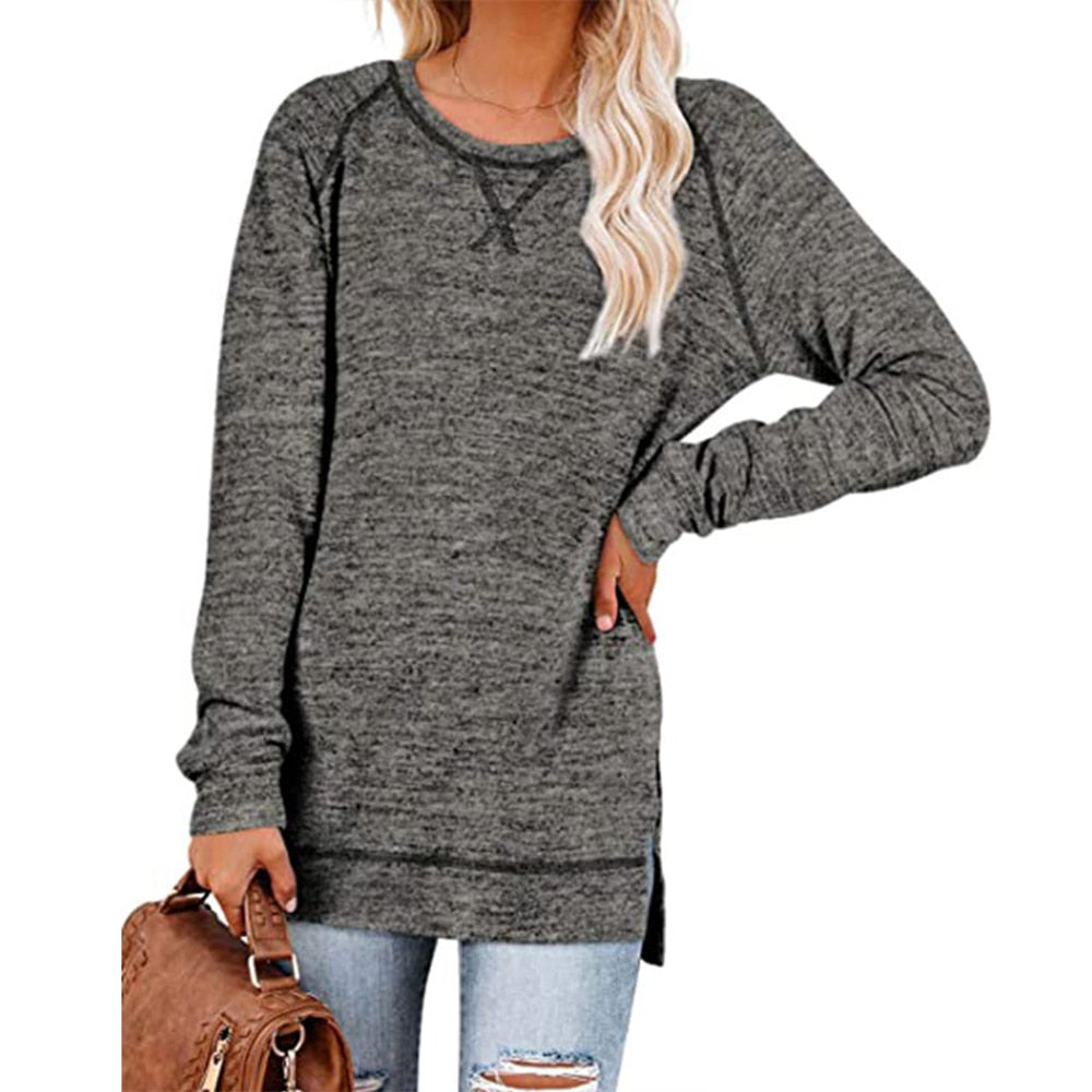 Women's Casual Long Sleeve Solid Split Tops Elegant Front Tunics Shirt