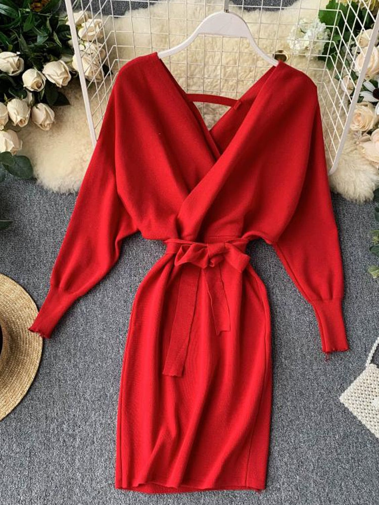 Autumn Winter Women Knitted Sweater Dress Long Batwing Sleeve V Neck Elegant Dress Ladies Bandage Dress