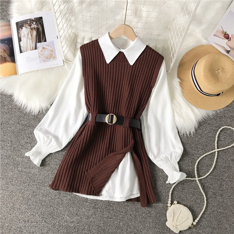 Spring Autumn Women's Lantern Sleeve Shirt Knitted Vest Two Piece Sets of College Style Waistband Vest Two Sets Top