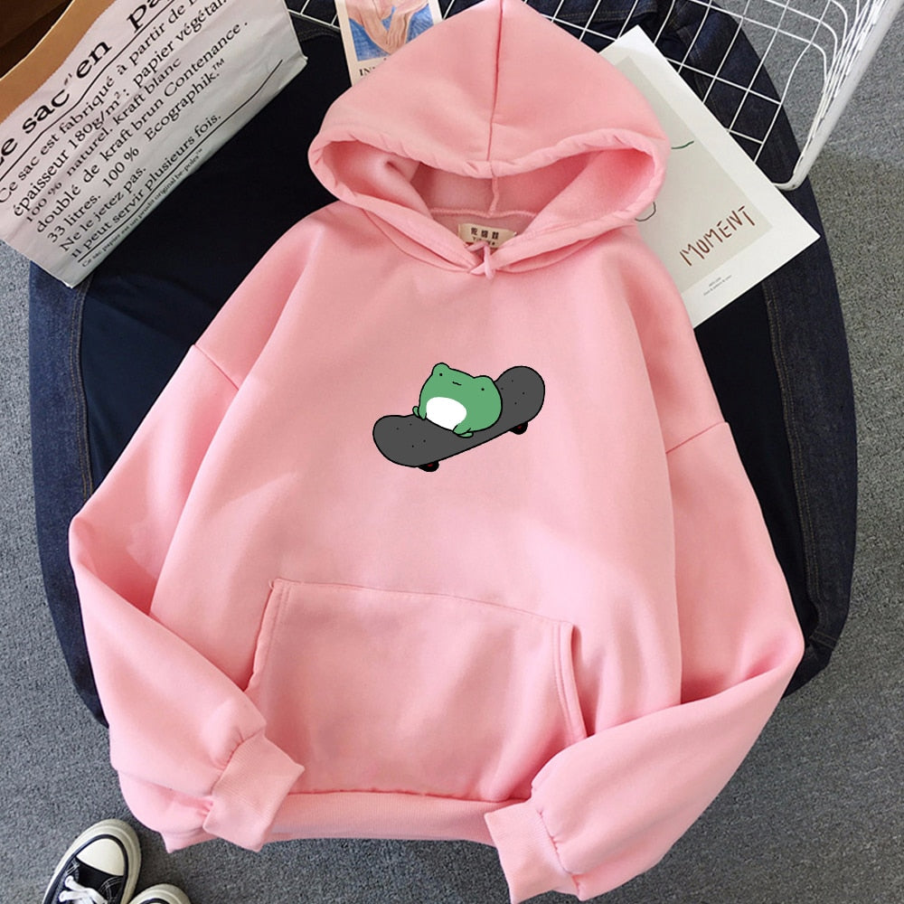 Winter  Skateboard Frog Oversized Sweatshirt Men and Women Hoodies Harajuku Warm Pullover Drawstring Pink Womens Korean Style