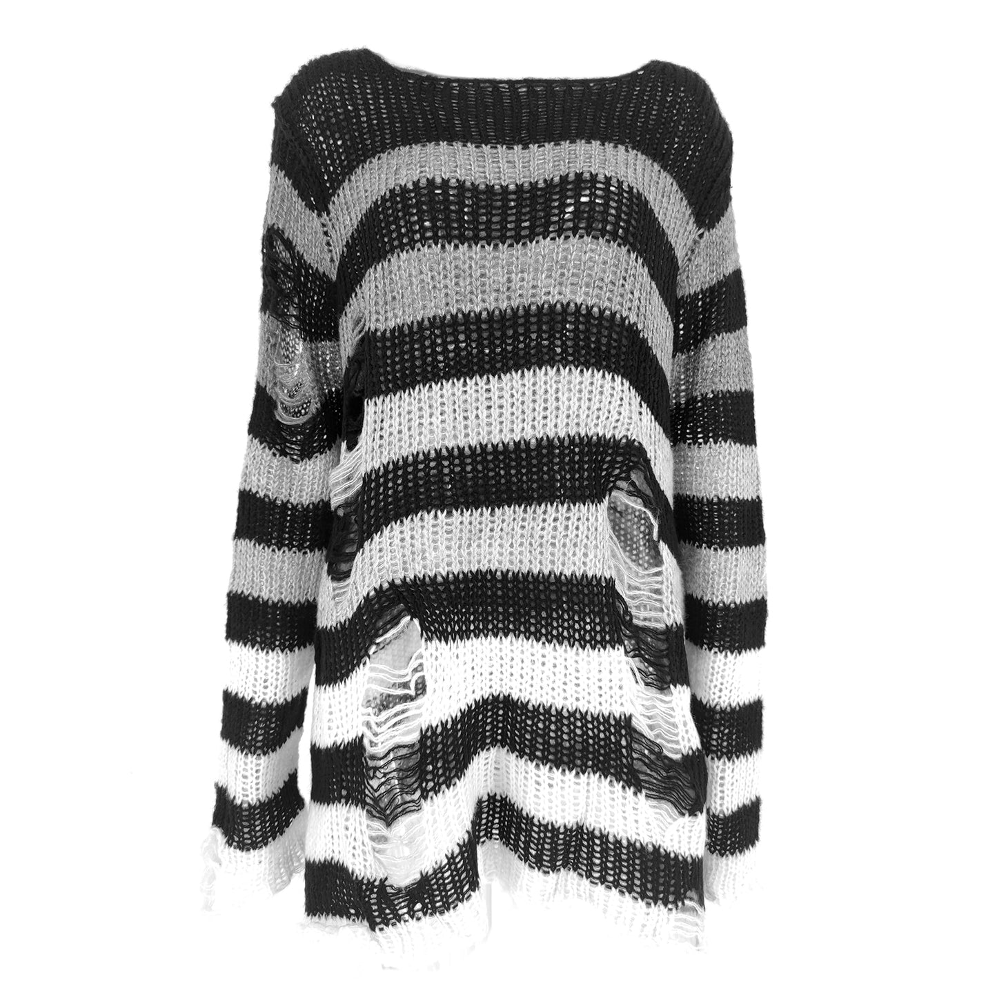 Punk Gothic Long Women Striped Cool Hollow Out Hole Broken Jumper Loose Rock Thin Dark Streetwear Top