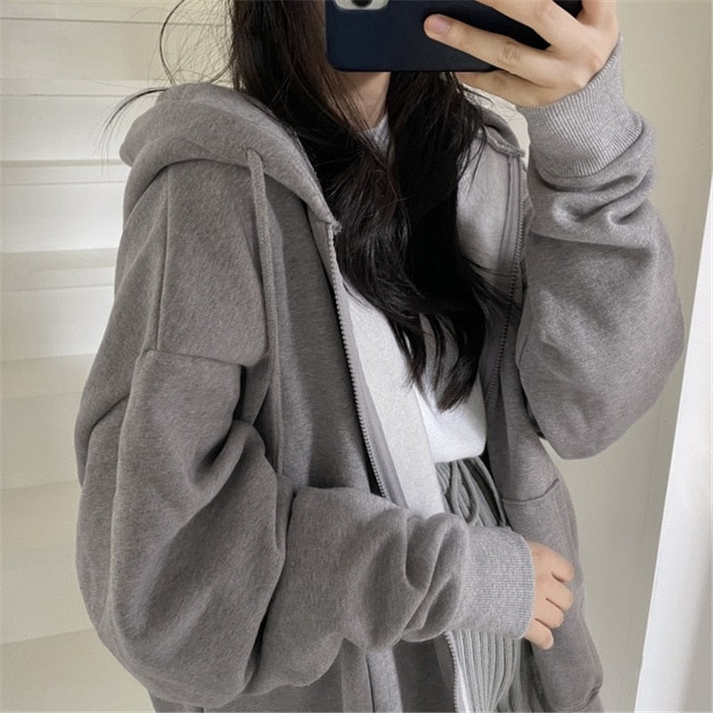 Women Hoodies Solid Color Zip Up Pocket Oversized Harajuku Korean Sweatshirts Female Long Sleeve Hooded Streetwear Casual Top