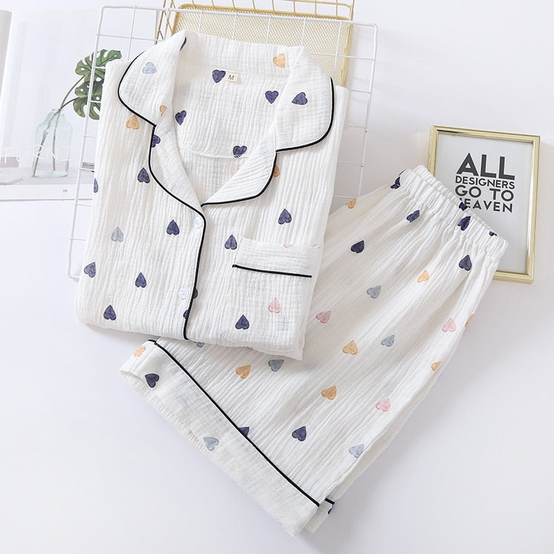 Ladies cotton gauze short sleeve shorts pajamas suit cute heart-shaped thin section home service suit woman