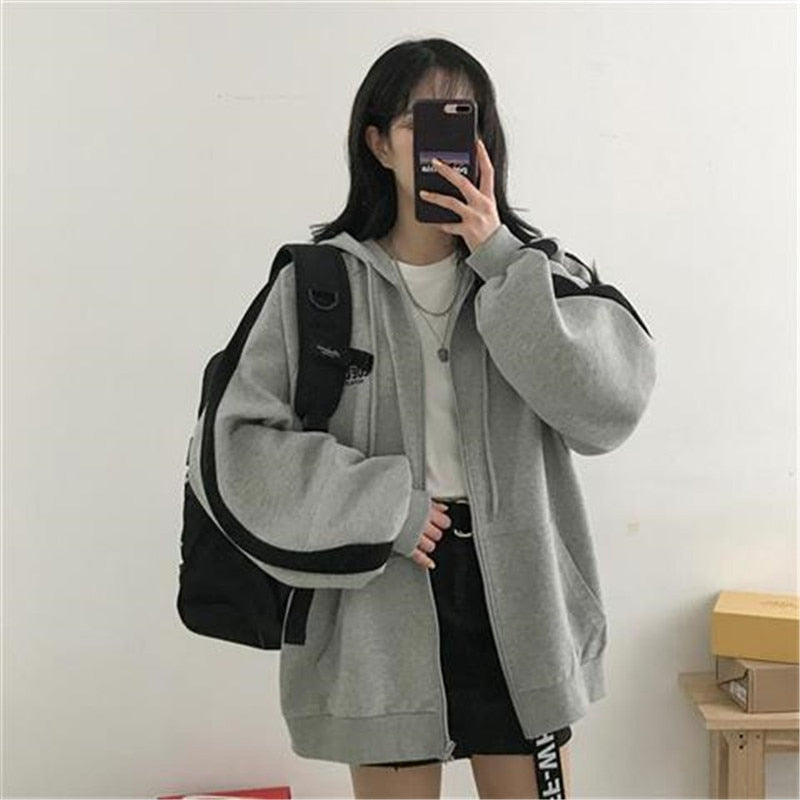 Women Hoodies Solid Color Zip Up Pocket Oversized Harajuku Korean Sweatshirts Female Long Sleeve Hooded Streetwear Casual Top