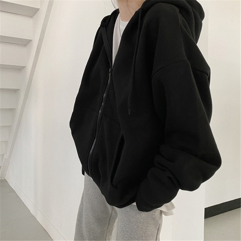 Women Hoodies Solid Color Zip Up Pocket Oversized Harajuku Korean Sweatshirts Female Long Sleeve Hooded Streetwear Casual Top