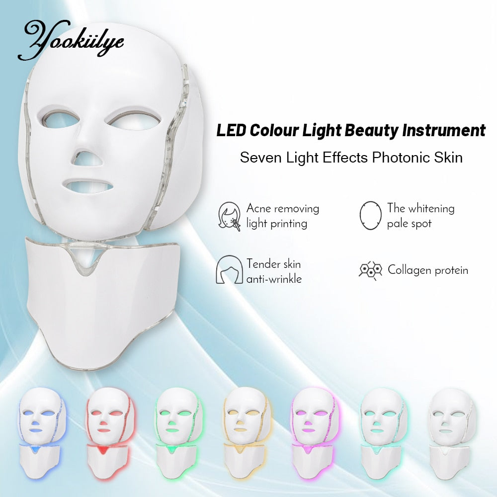 7 Colors Light Led Facial Mask Red Light Therapy Beauty Device with Neck Skin Rejuvenation Skin Care Anti Acne Whitening Machine