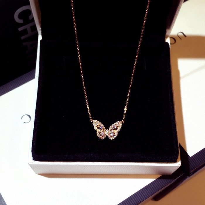 Butterfly Pendant Necklaces for Women Female Shiny Crystal Chokers Necklace Wedding Valentine Gift