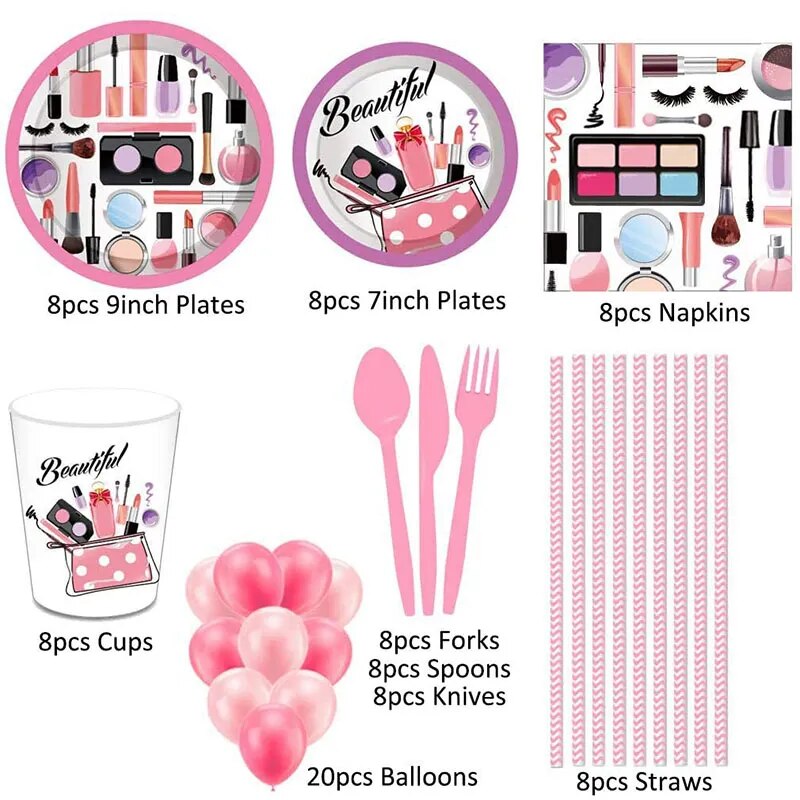 Spa Makeup Theme Party Supplies Disposable Tableware Plates Cups Straws Balloons for Birthday Girls Party Spa Party Decorations