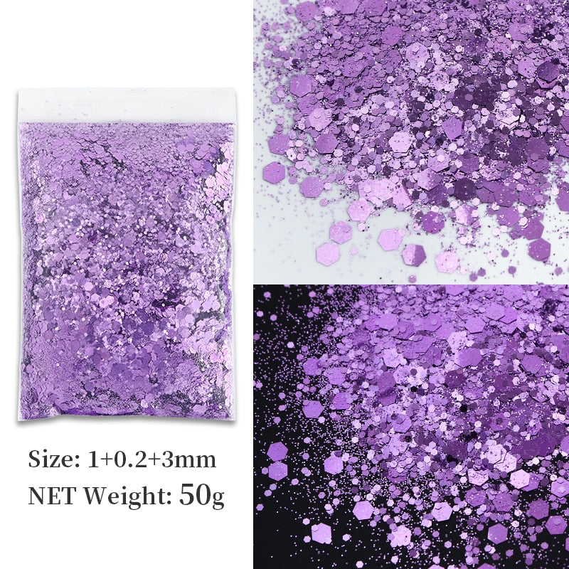 50G Holographic Mixed Hexagon Shape Chunky Nail Glitter Silver Sequins Laser Sparkly Flakes Slices Manicure Nails Art Decoration