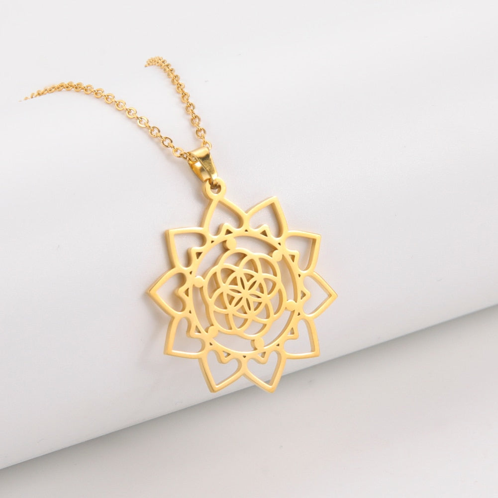 Gold Plated Flower of Life Pendant Necklace for Women Mandala Chakra Stainless Steel Charms Jewelry Sacred Geometry Amulet Gift