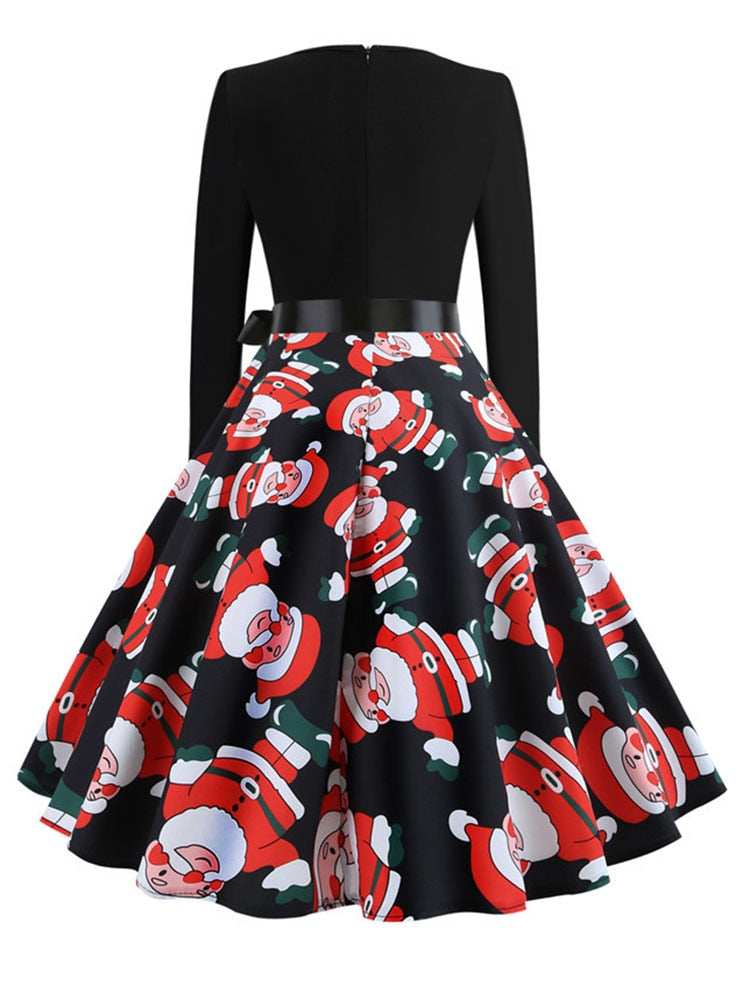 Christmas Dresses Women Vintage Robe Swing Pinup Elegant Party Dress Long Sleeve Casual Print Black