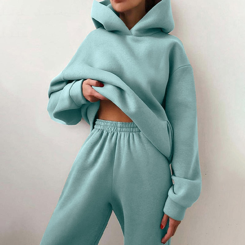 Women's Tracksuit Suit Autumn Fashion Warm Hoodie Sweatshirts Two Pieces Oversized Solid Casual Hoody Pullovers Long Pant Sets