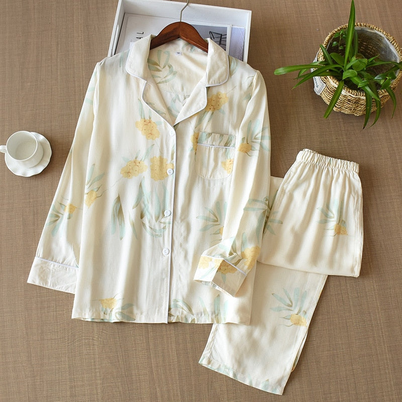 Women's pajamas Viscose fiber silk long-sleeved trousers suit flower printing home service