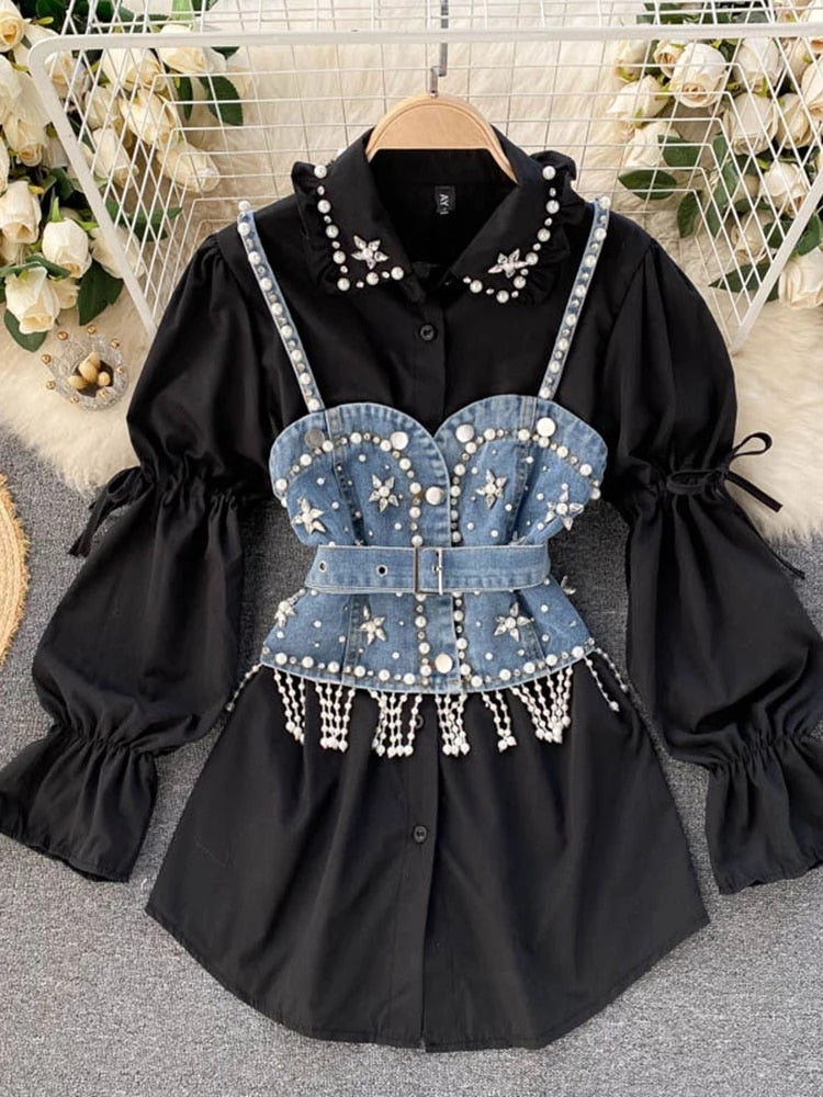 New Temperament Blouse Female Lapel Beaded Stacking Bead Blusa Sling Waistcoat C Fashion Two-piece Shirt Dropship