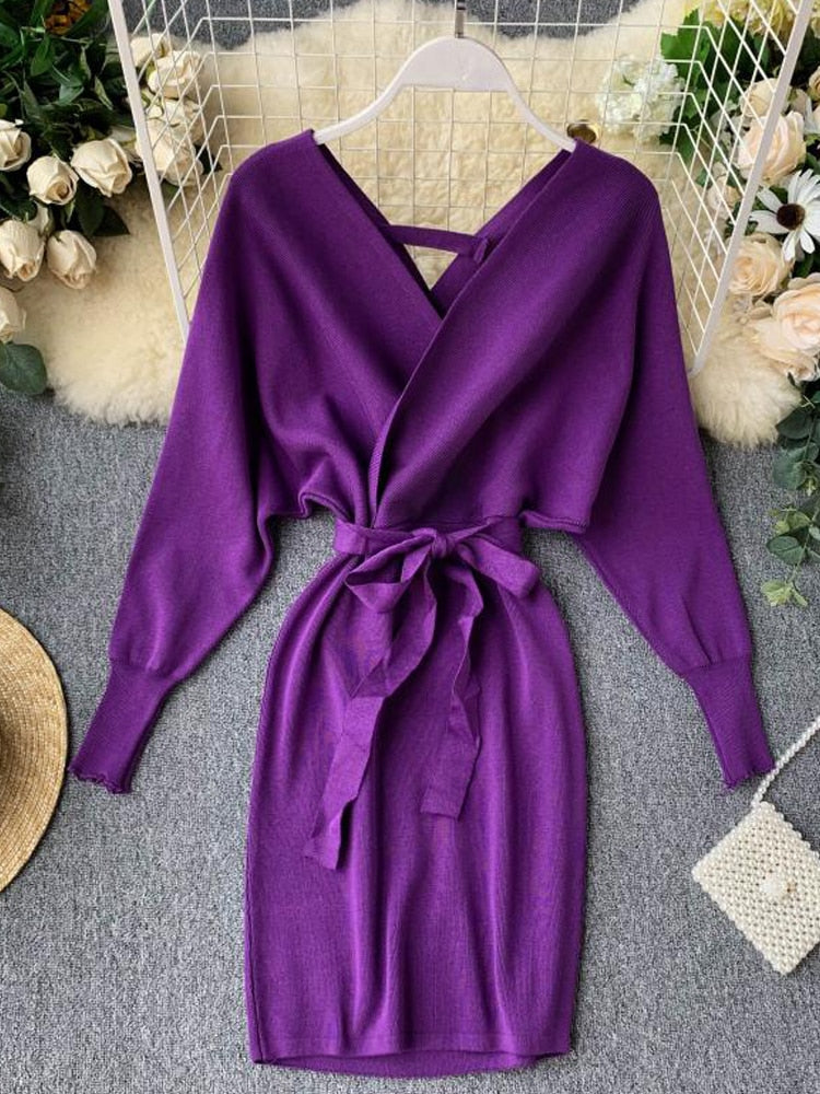 Autumn Winter Women Knitted Sweater Dress Long Batwing Sleeve V Neck Elegant Dress Ladies Bandage Dress